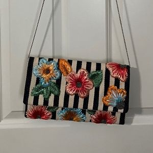 Flower Embroidered Stripe Clutch Purse